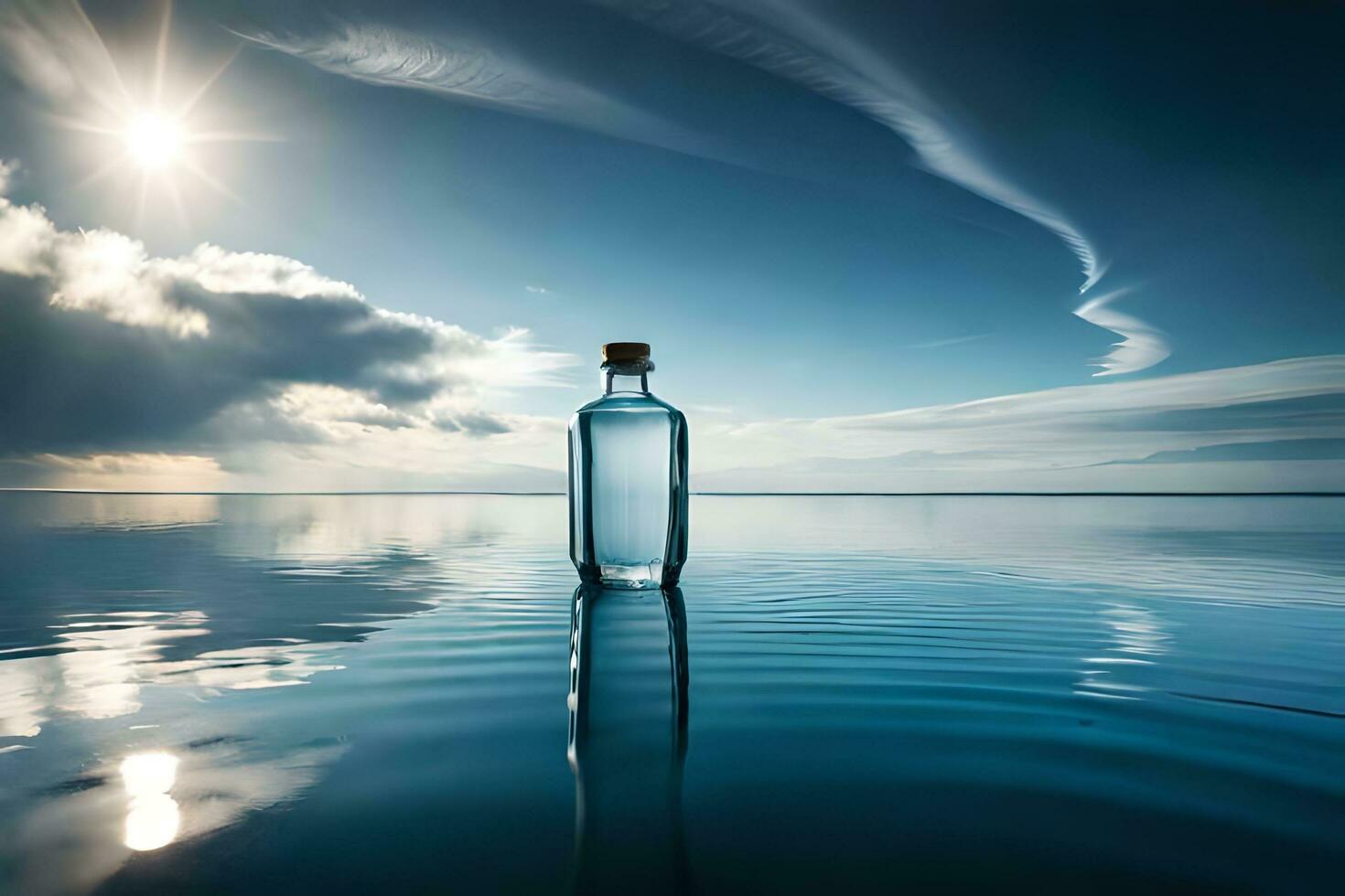 un' bottiglia di acqua si siede su il acqua con un' sole nel il sfondo. ai-generato foto