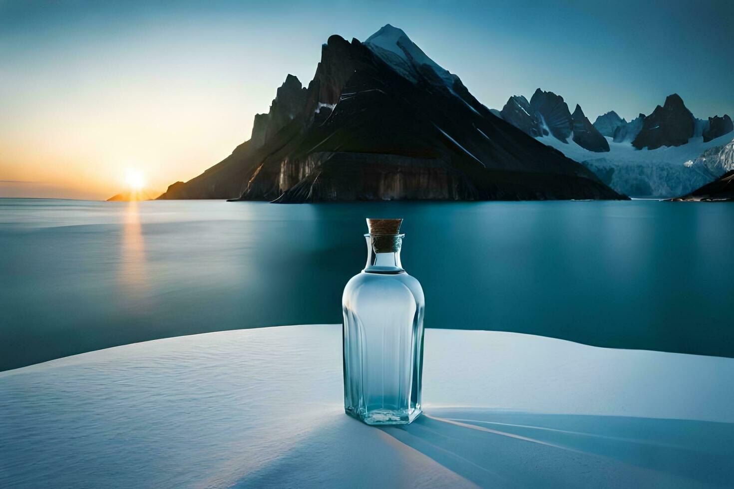 un' bottiglia di acqua si siede su il riva di un' lago. ai-generato foto
