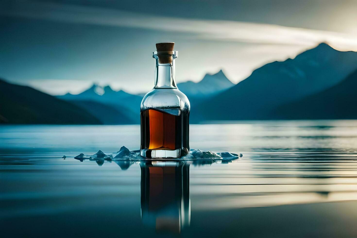 un' bottiglia di whisky seduta su il acqua con montagne nel il sfondo. ai-generato foto