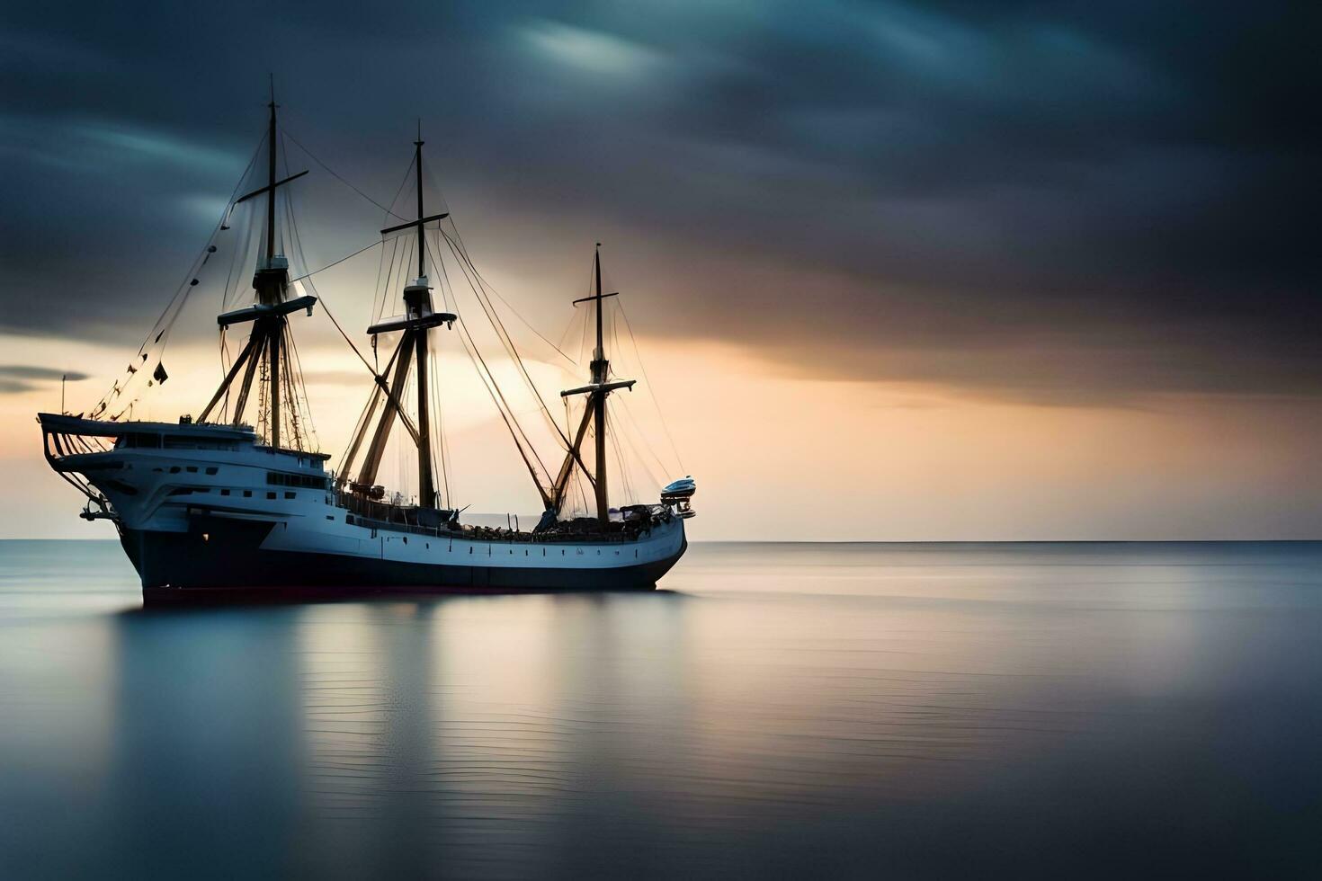 un' andare in barca nave nel il oceano a tramonto. ai-generato foto