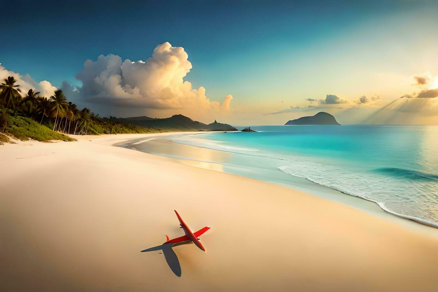 un' rosso tavola da surf su il spiaggia a tramonto. ai-generato foto