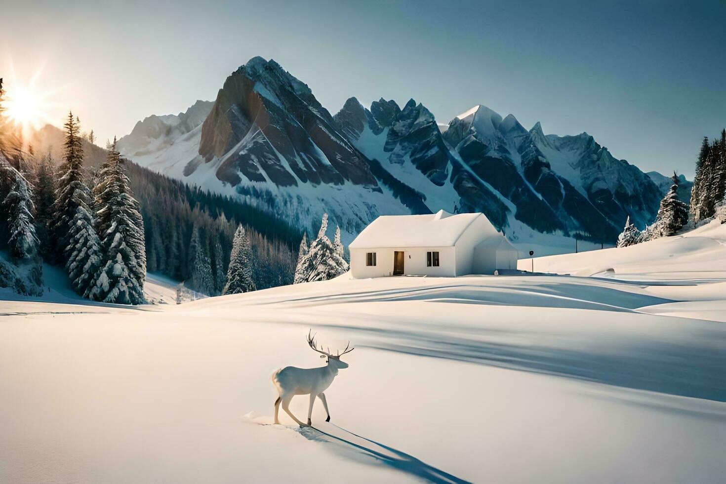 un' cervo sta nel davanti di un' cabina nel il neve. ai-generato foto