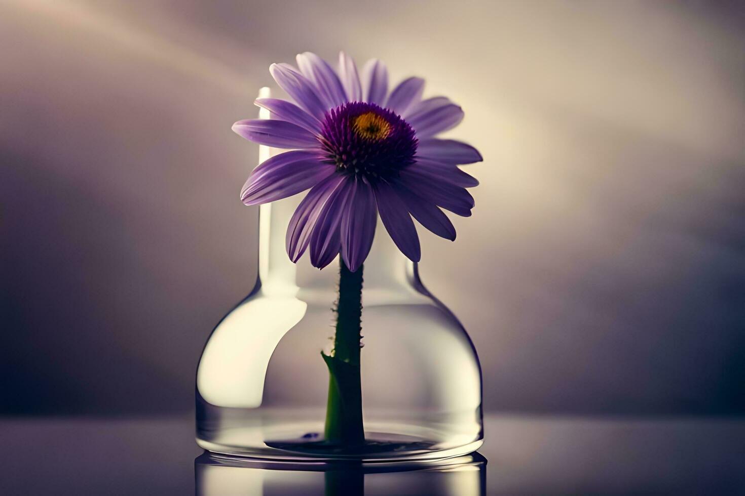 un' viola fiore è nel un' vaso con un' leggero dietro a esso. ai-generato foto