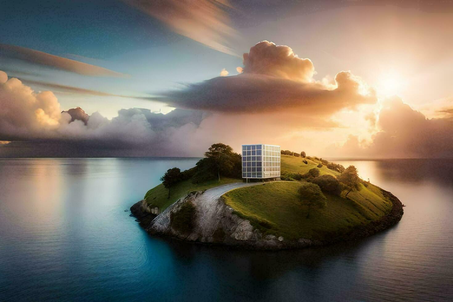 un isola con un' Casa su esso nel il mezzo di il oceano. ai-generato foto