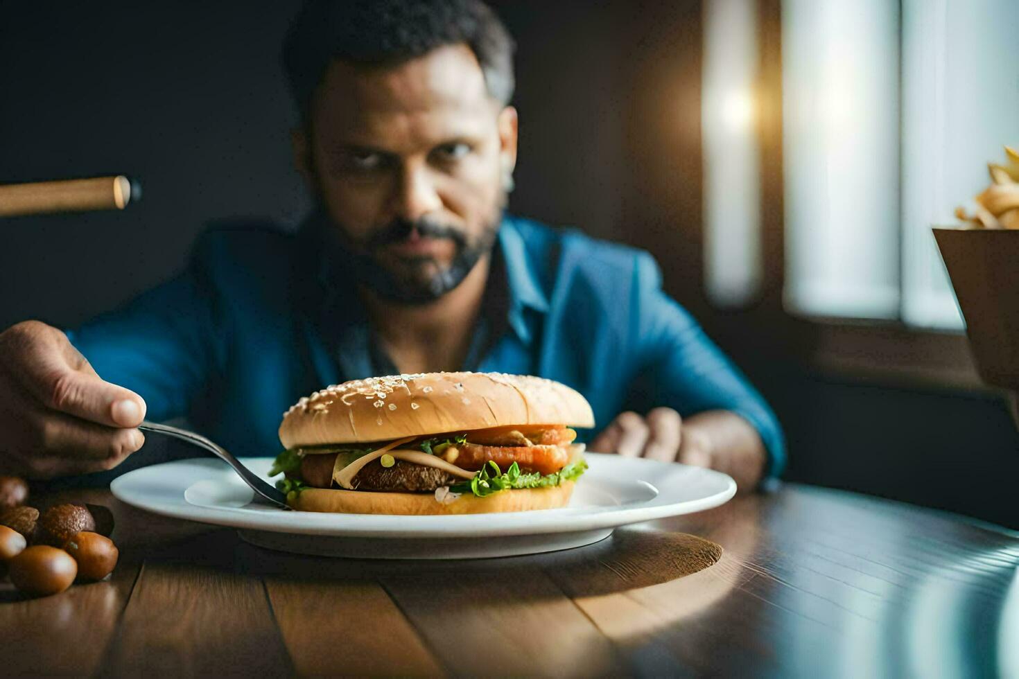 un' uomo è mangiare un' hamburger e patatine fritte. ai-generato foto