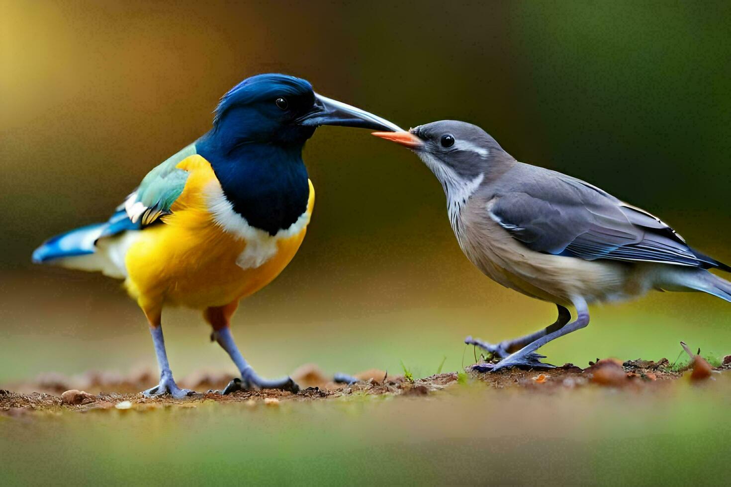 Due uccelli in piedi su il terra con loro becchi aprire. ai-generato foto