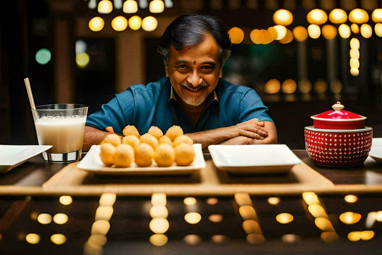 un' uomo sorrisi mentre seduta a un' tavolo con cibo. ai-generato foto