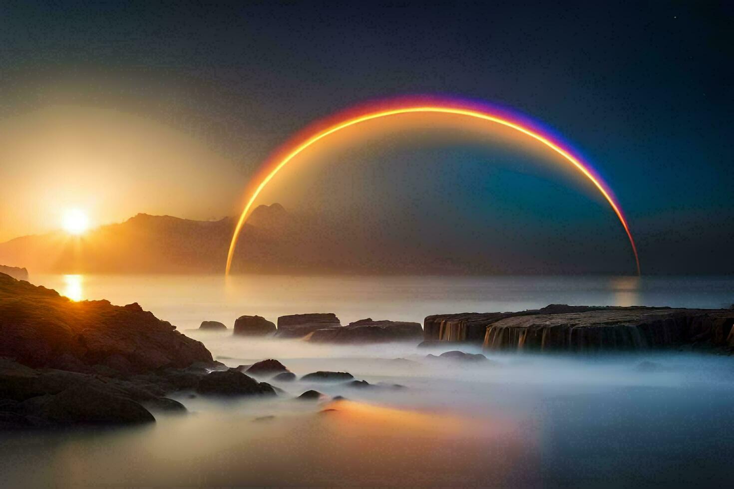 un' arcobaleno è visto al di sopra di il oceano a tramonto. ai-generato foto