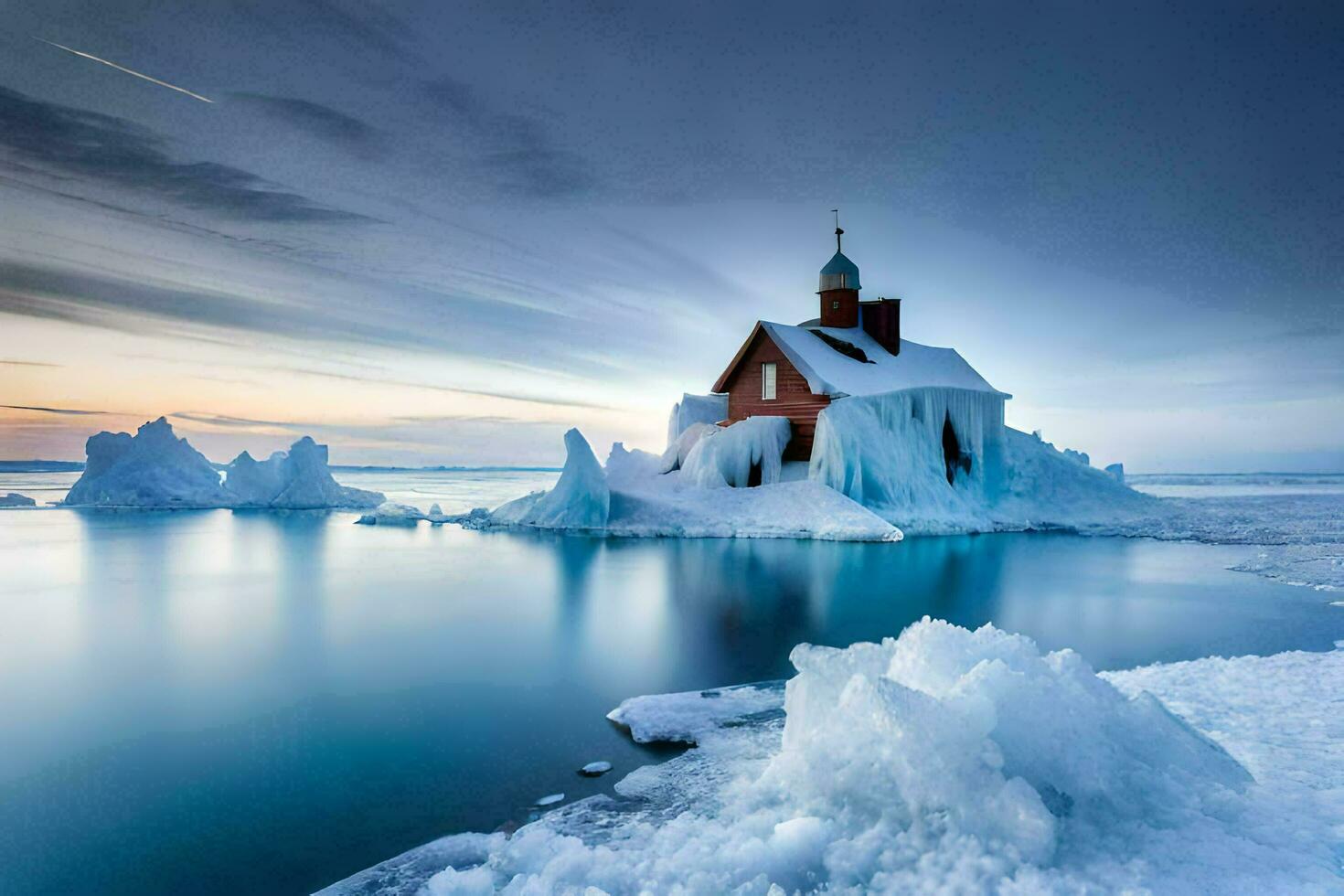 un' Chiesa su un iceberg nel il mezzo di il oceano. ai-generato foto