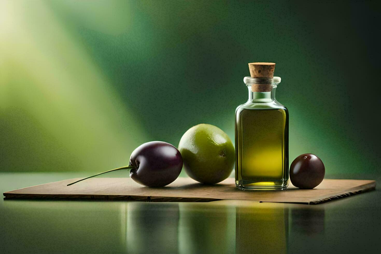 oliva olio e olive su un' di legno tavola. ai-generato foto