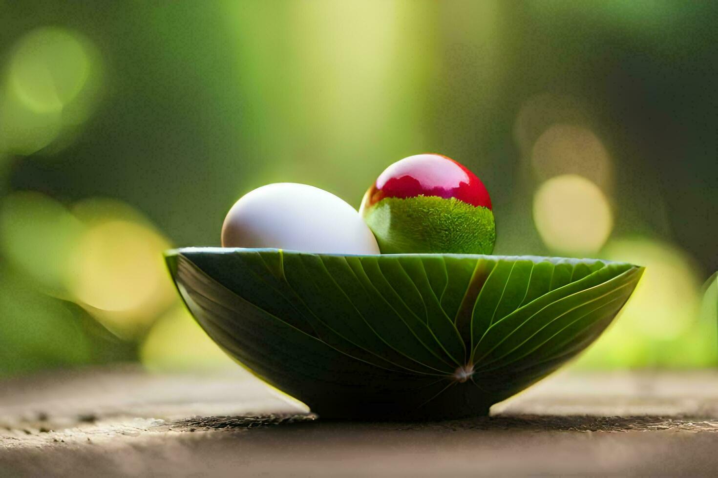 Due uova nel un' verde ciotola su un' tavolo. ai-generato foto