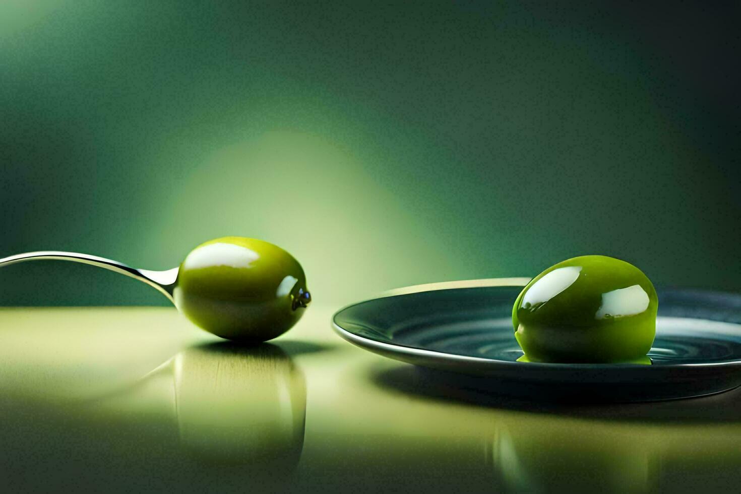 Due verde olive su un' piatto con un' cucchiaio. ai-generato foto