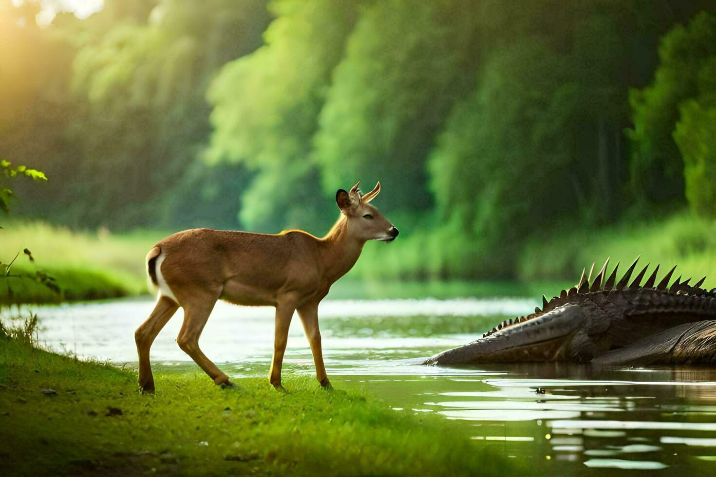 un' cervo e coccodrillo in piedi Il prossimo per un' fiume. ai-generato foto