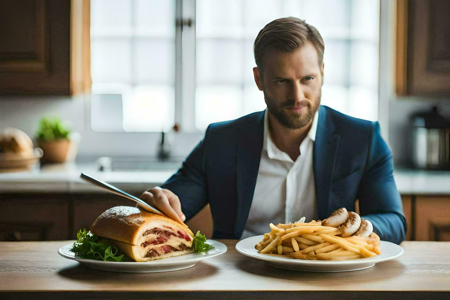 un' uomo nel un' completo da uomo è mangiare un' hamburger e patatine fritte. ai-generato foto