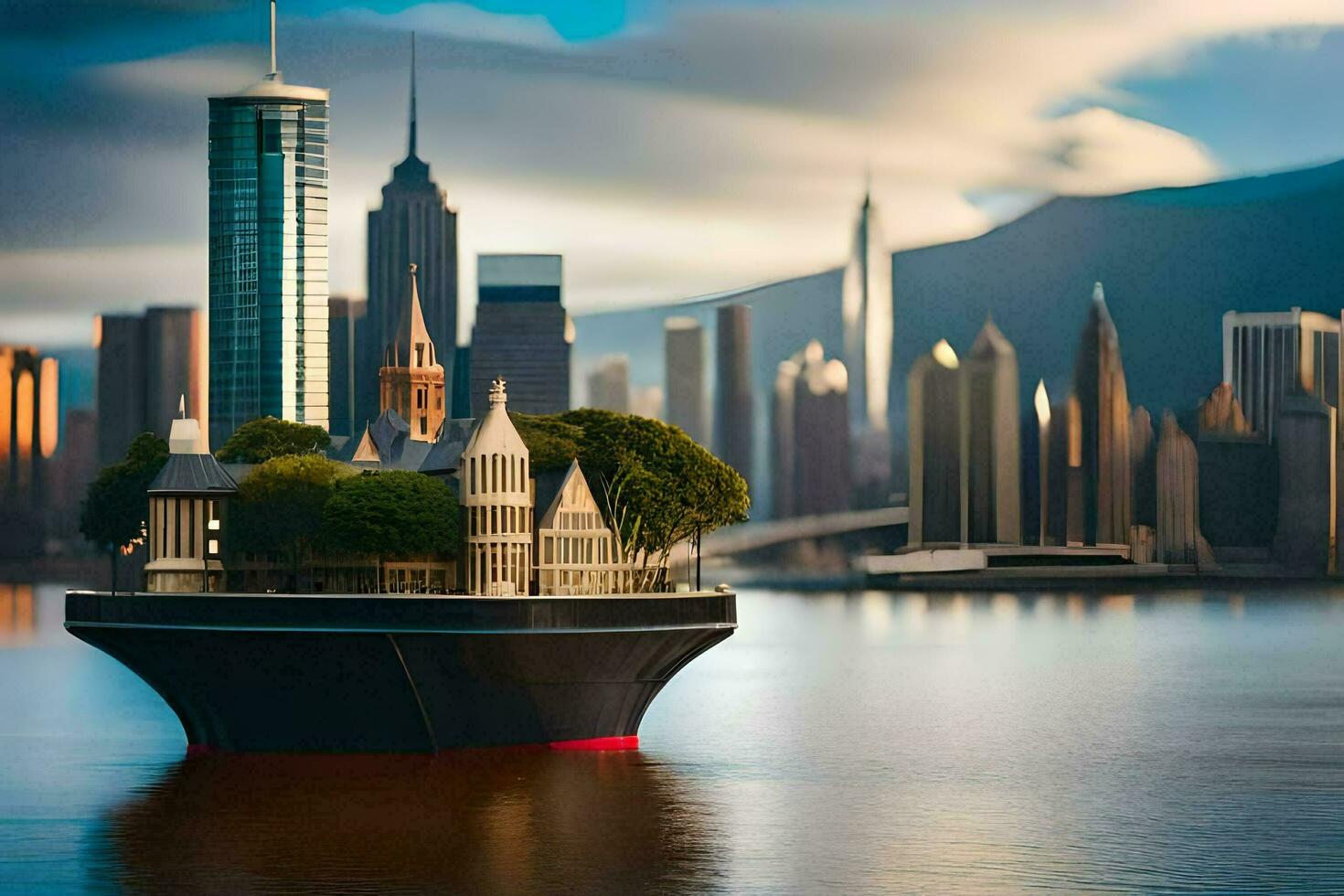 un' barca galleggiante nel il mezzo di un' corpo di acqua con un' città nel il sfondo. ai-generato foto