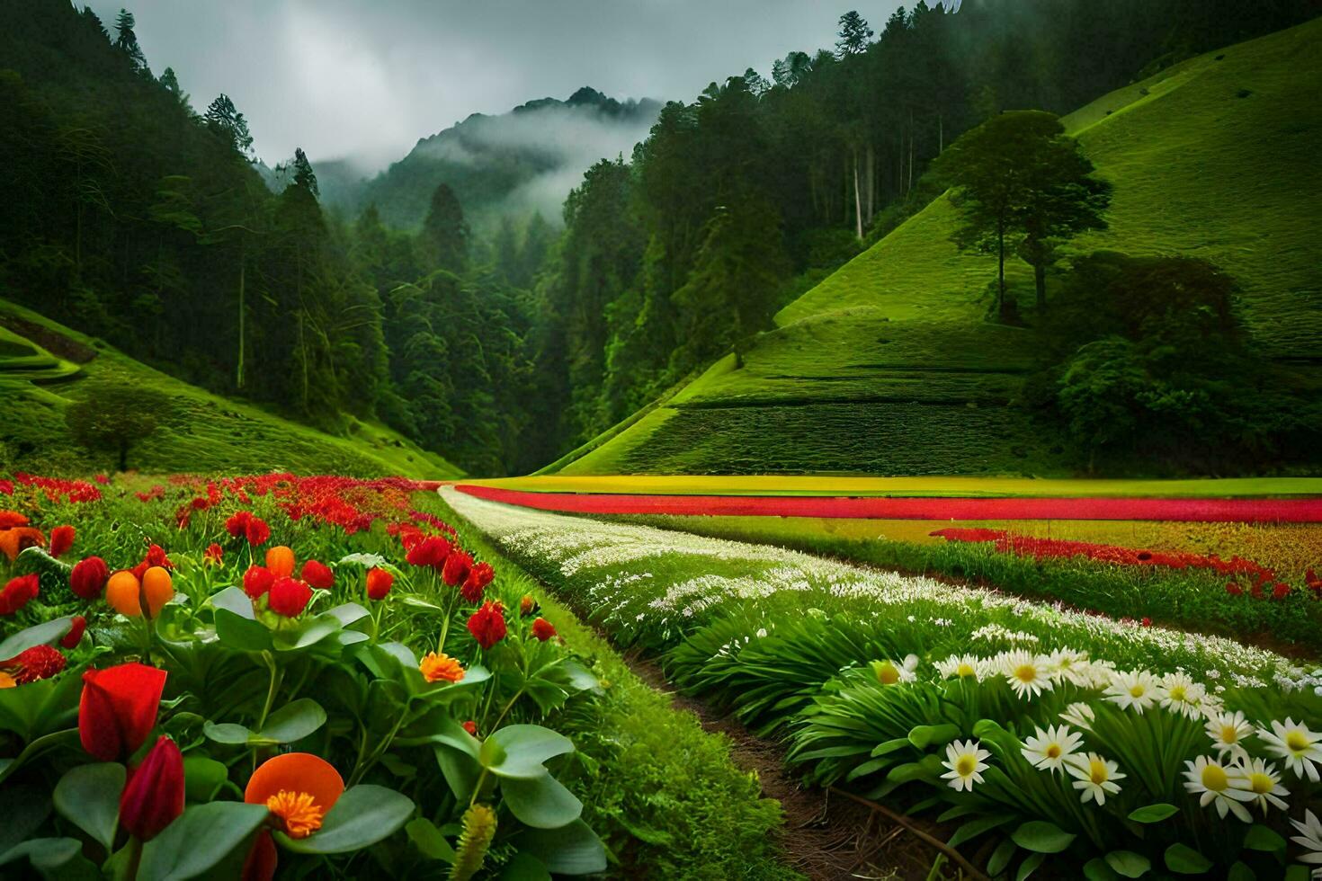 foto sfondo il cielo, fiori, montagne, il campo, il fiori, il campo, il. ai-generato