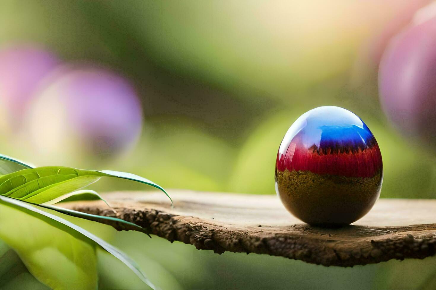 un' colorato uovo seduta su un' di legno tronco d'albero. ai-generato foto