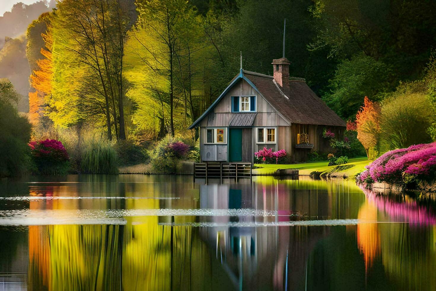 un' piccolo Casa si siede su il bordo di un' lago. ai-generato foto