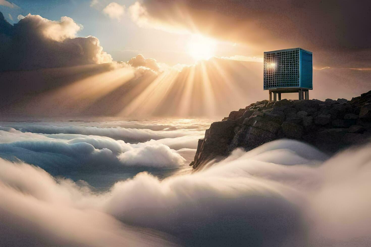 un' piccolo edificio si siede su superiore di un' montagna circondato di nuvole. ai-generato foto
