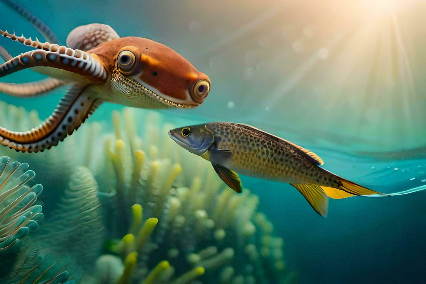 un polpo e un' pesce nuoto nel il oceano. ai-generato foto