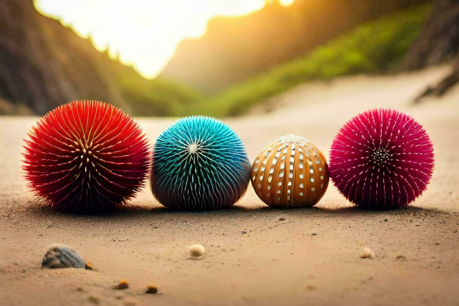 quattro colorato palle su il spiaggia con un' tramonto nel il sfondo. ai-generato foto