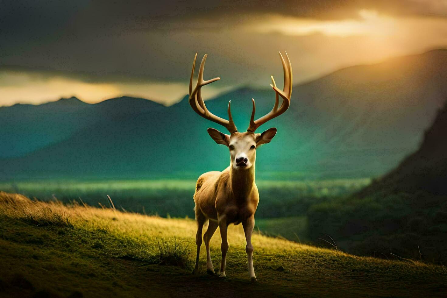 un' cervo sta su un' collina con montagne nel il sfondo. ai-generato foto