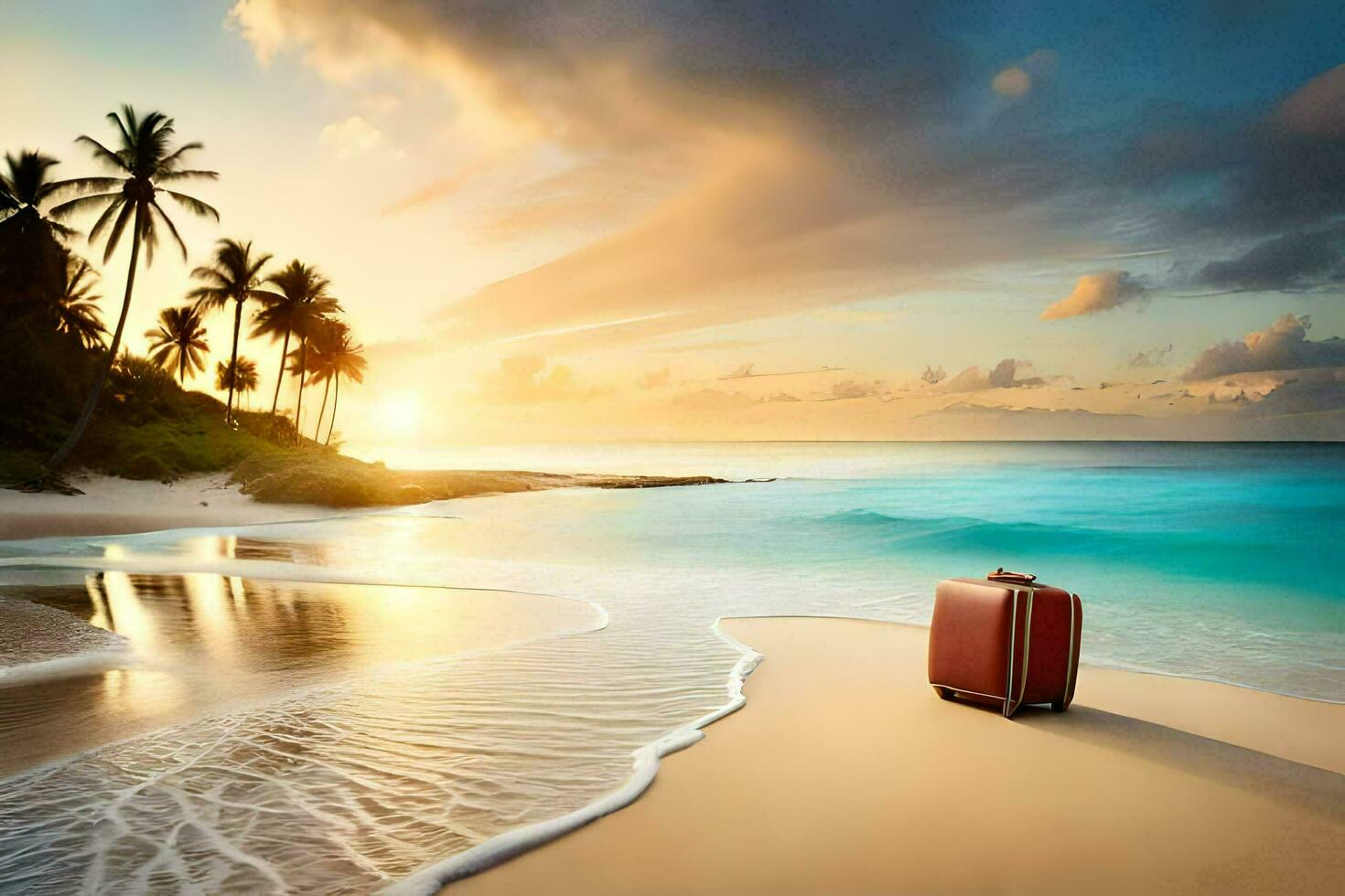un' valigia su il spiaggia a tramonto. ai-generato foto
