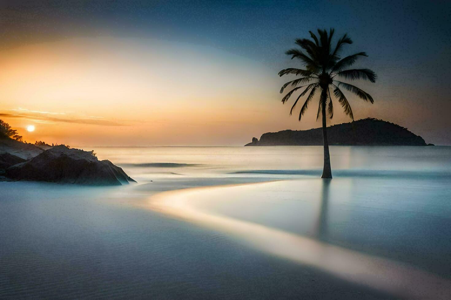 un' palma albero sta su il spiaggia a tramonto. ai-generato foto