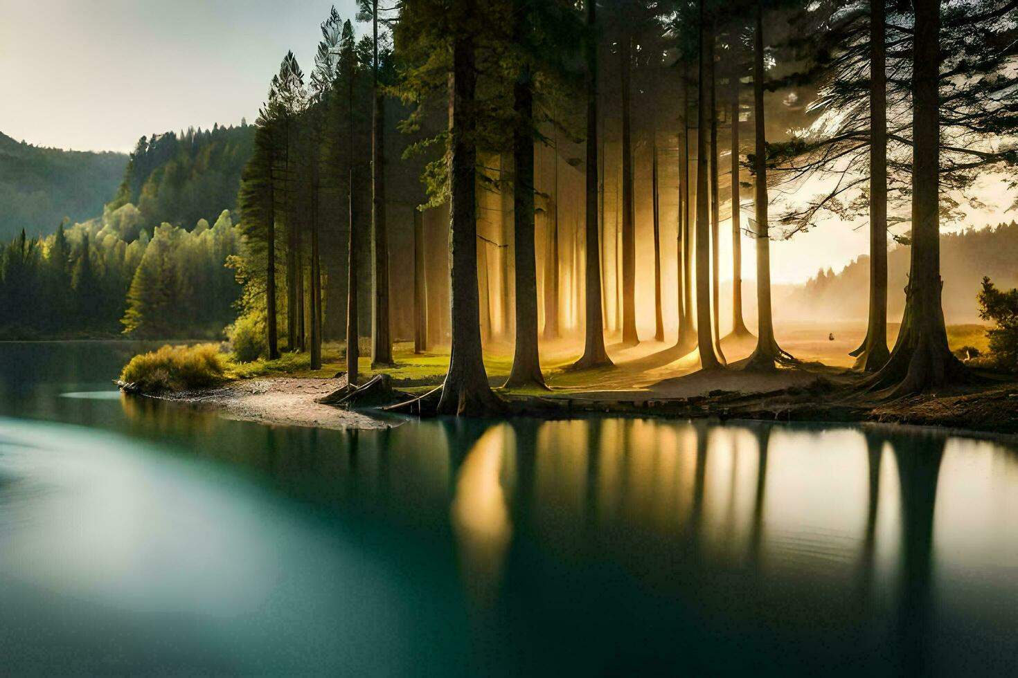 un' lago circondato di alberi e un' montagna nel il sfondo. ai-generato foto