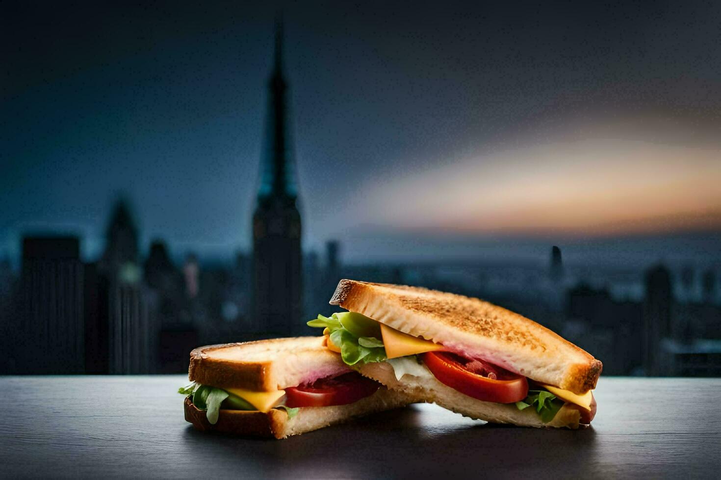 il Sandwich è su un' tavolo nel davanti di un' paesaggio urbano. ai-generato foto