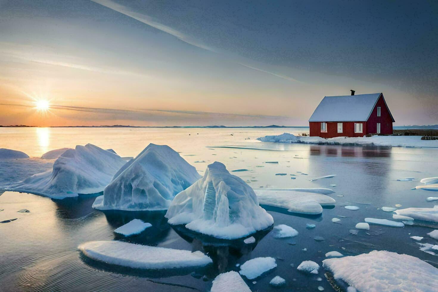 il sole imposta al di sopra di il ghiaccio floes nel il artico. ai-generato foto