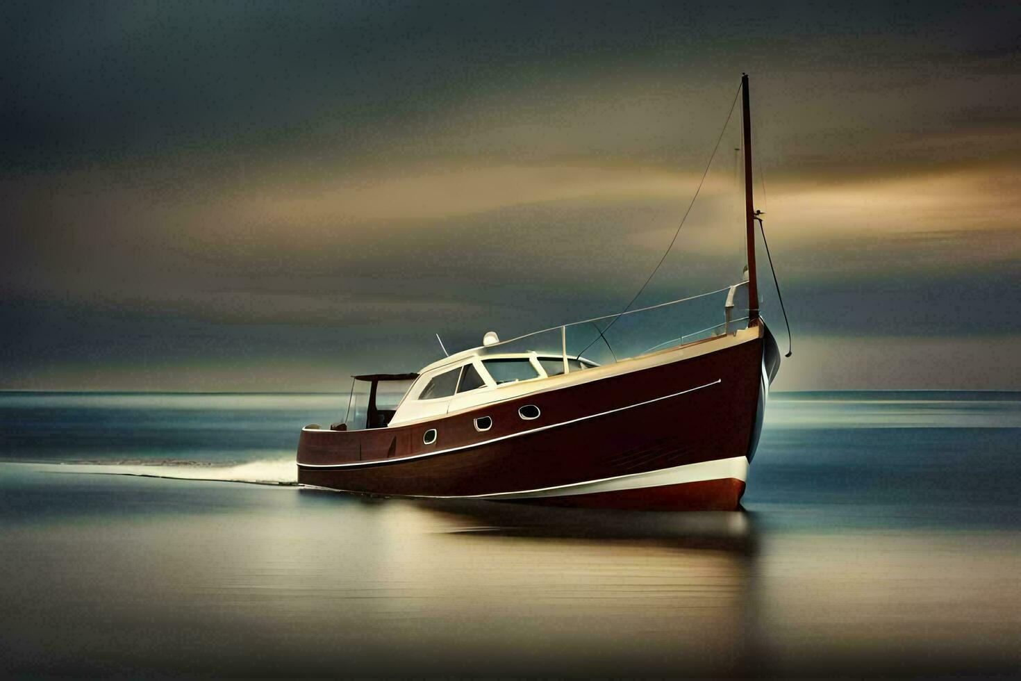 un' barca su il acqua con un' buio cielo. ai-generato foto