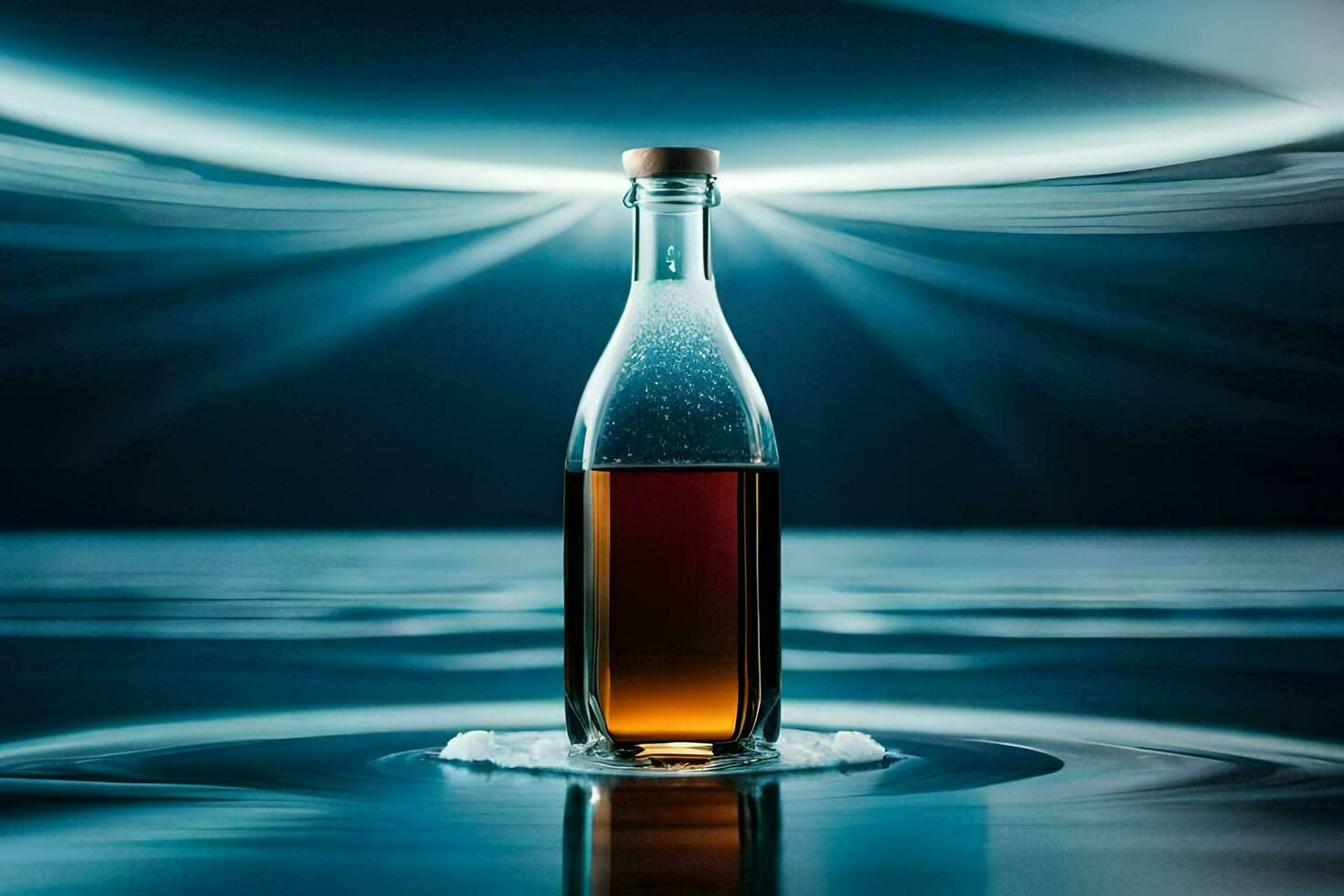 un' bottiglia di whisky seduta su superiore di acqua. ai-generato foto