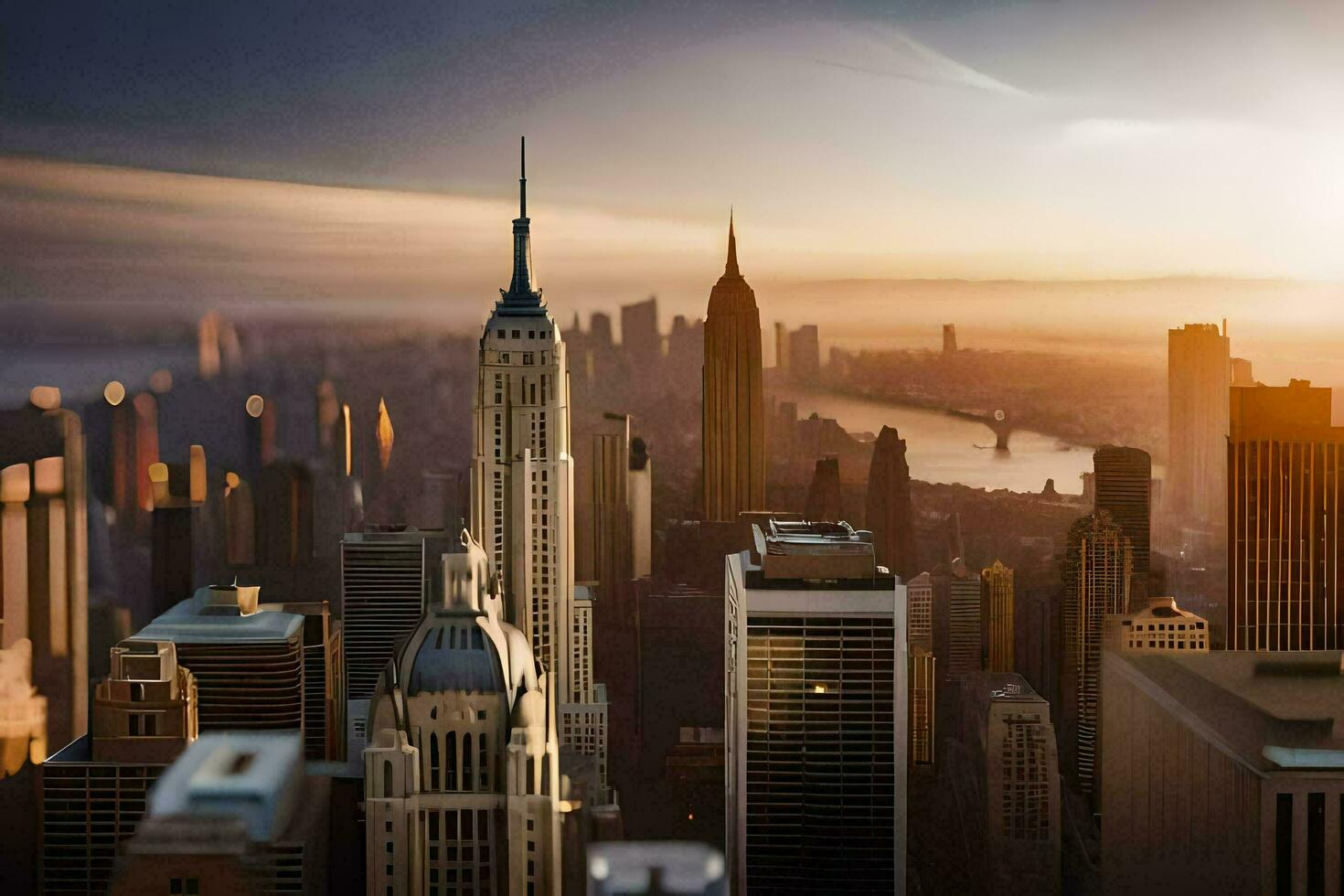 il sole sorge al di sopra di il città orizzonte nel nuovo york. ai-generato foto