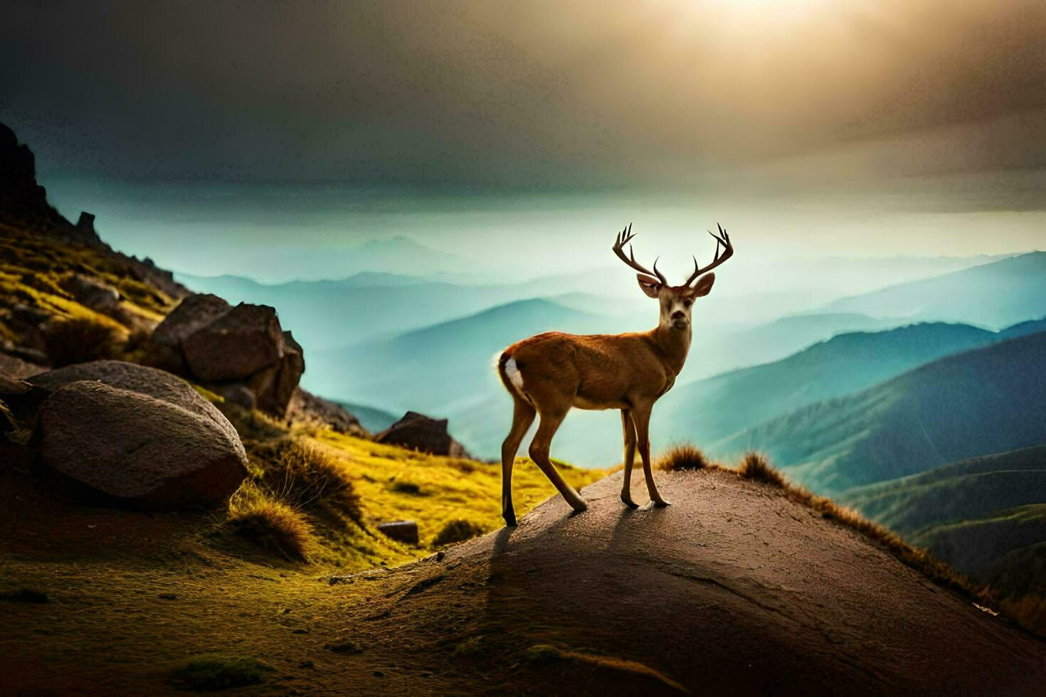 un' cervo sta su un' montagna superiore con il sole splendente. ai-generato foto