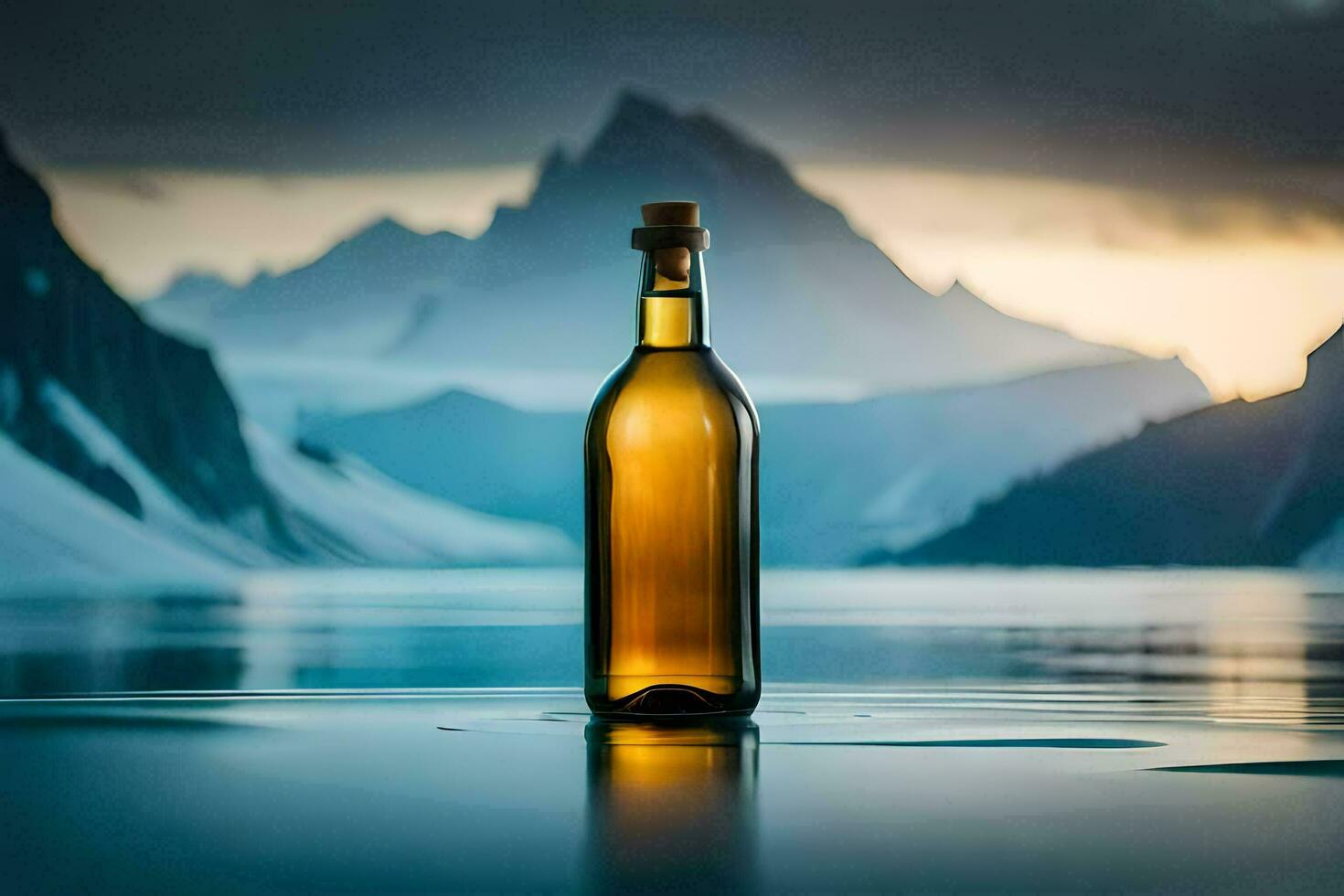 un' bottiglia di whisky si siede su il bordo di un' lago con montagne nel il sfondo. ai-generato foto