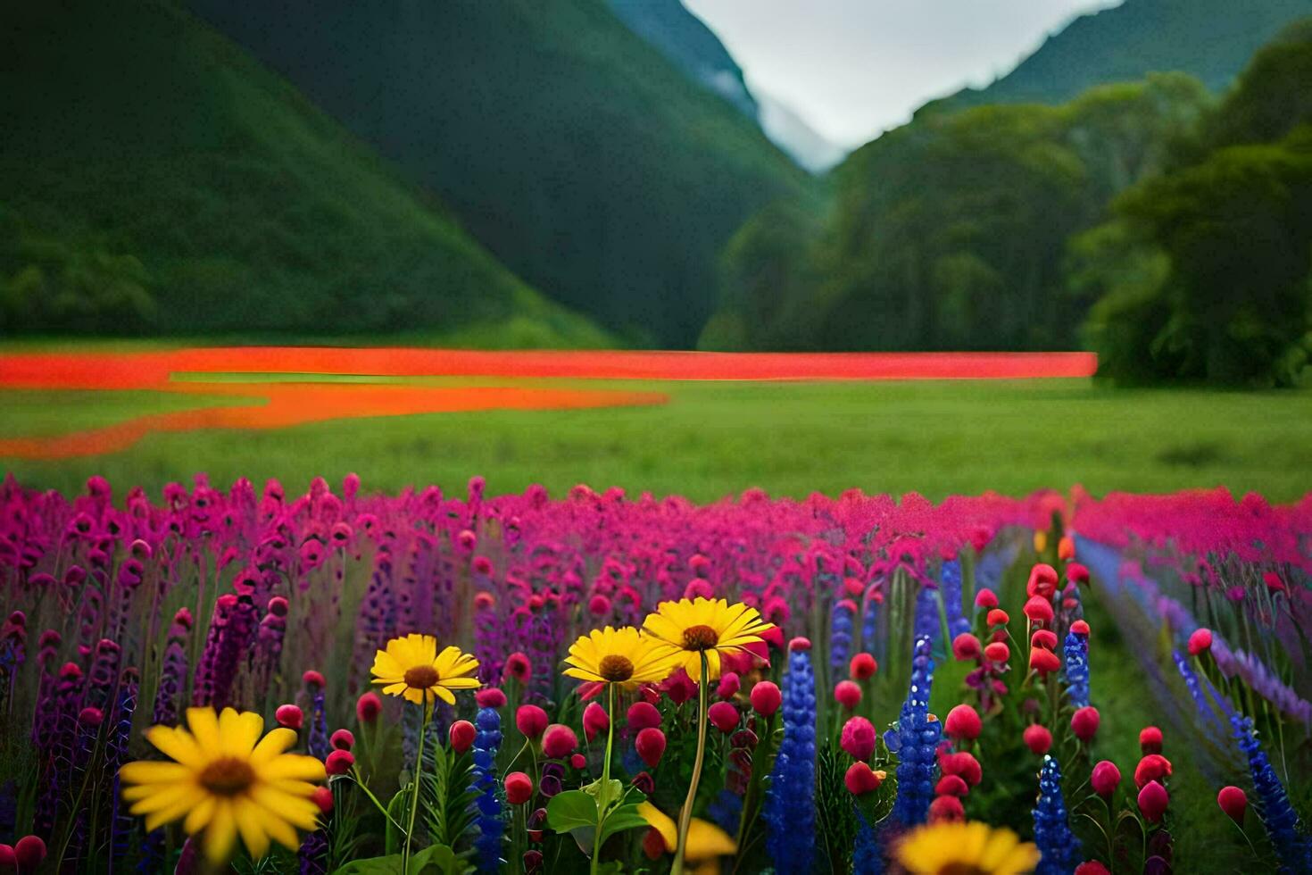 un' campo di colorato fiori nel il montagne. ai-generato foto