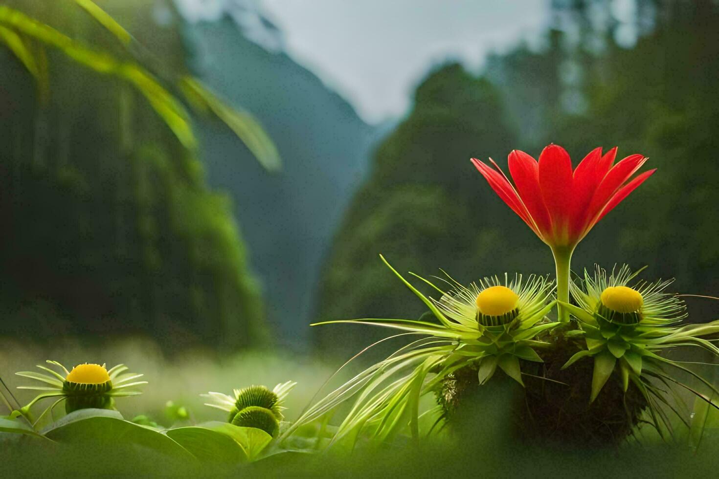 un' rosso fiore è in crescita nel il mezzo di un' verde campo. ai-generato foto