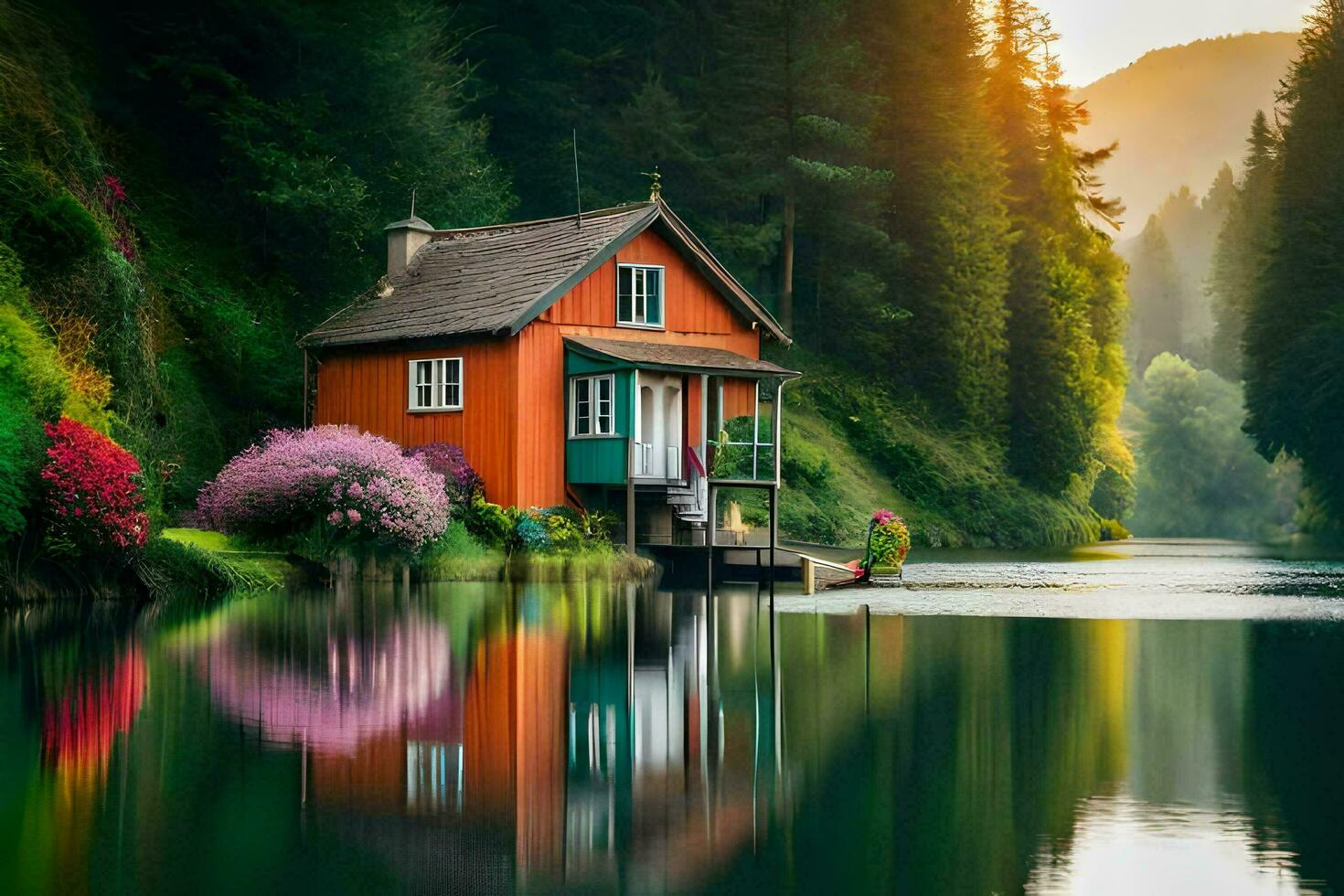 un' piccolo Casa si siede su il bordo di un' lago. ai-generato foto