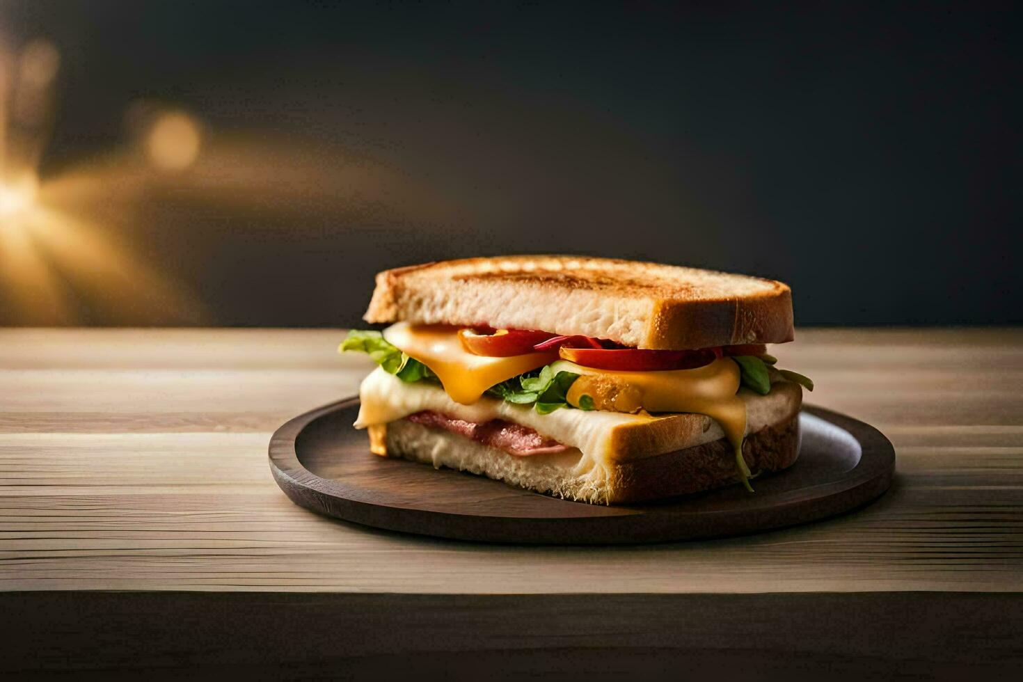 un' Sandwich con formaggio, prosciutto e pomodori su un' di legno piatto. ai-generato foto