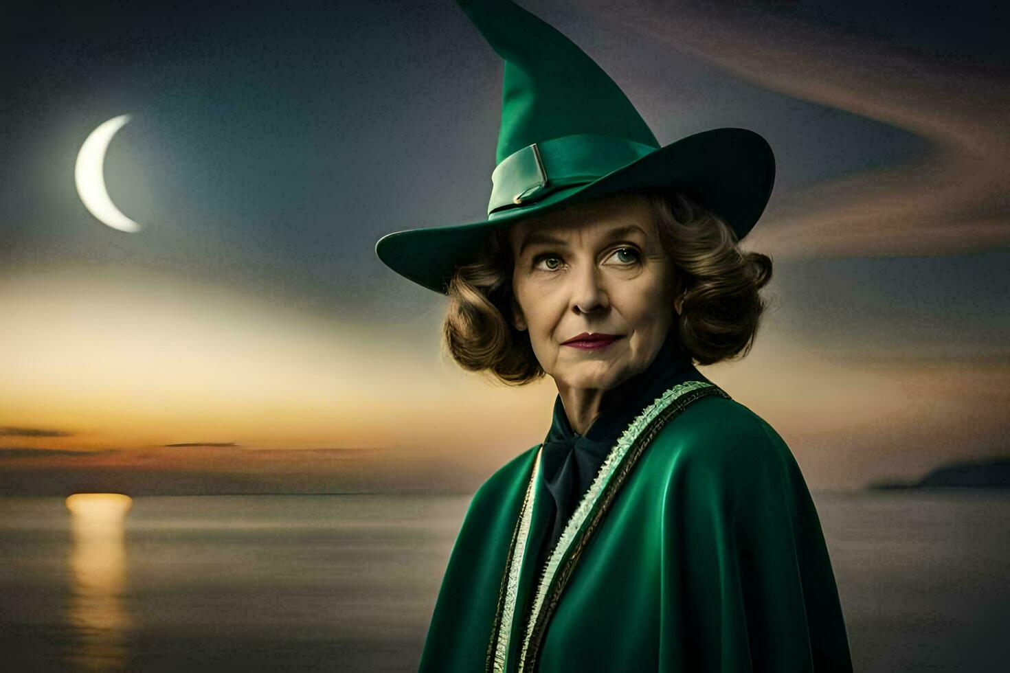 un più vecchio donna indossare un' verde cappello e mezzaluna Luna. ai-generato foto