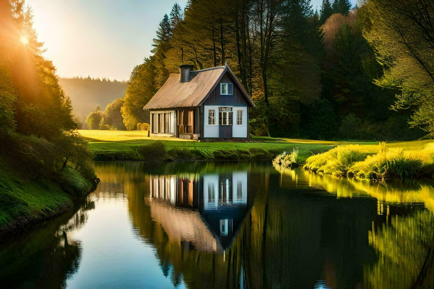 un' piccolo Casa si siede su il banca di un' fiume. ai-generato foto