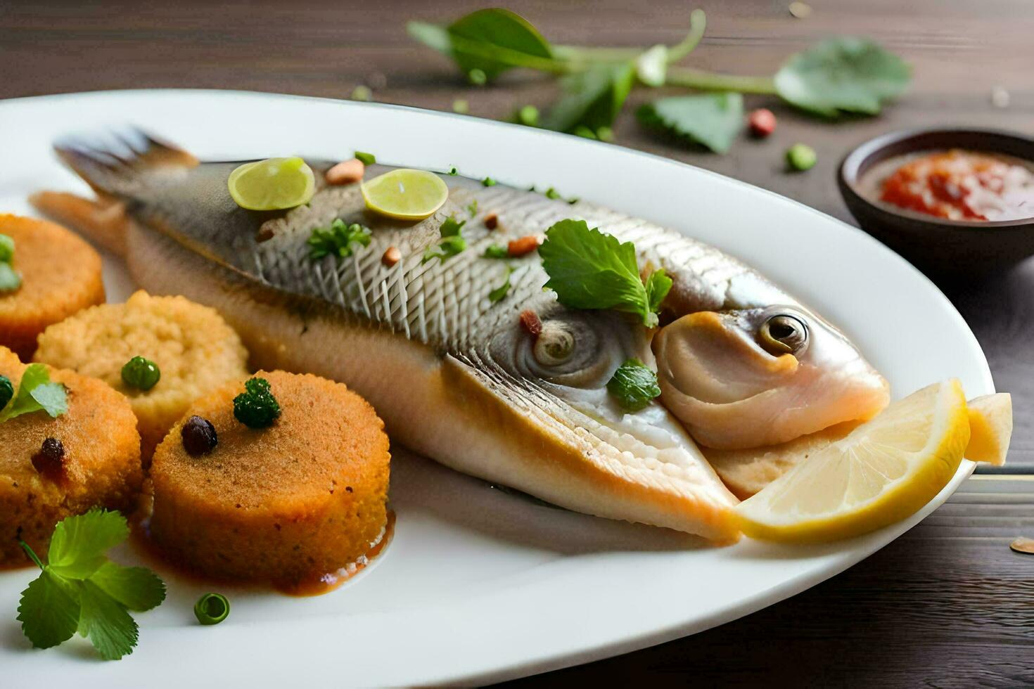 un' pesce con patate e Limone su un' bianca piatto. ai-generato foto