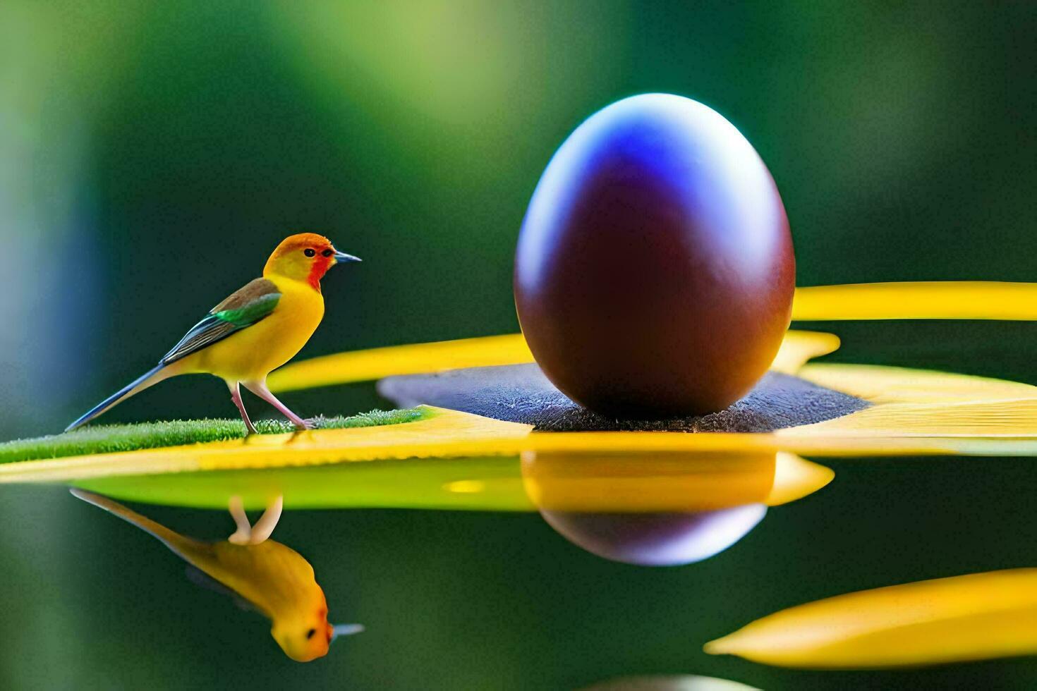 un' uccello è in piedi su un' giallo fiore e un' grande uovo. ai-generato foto