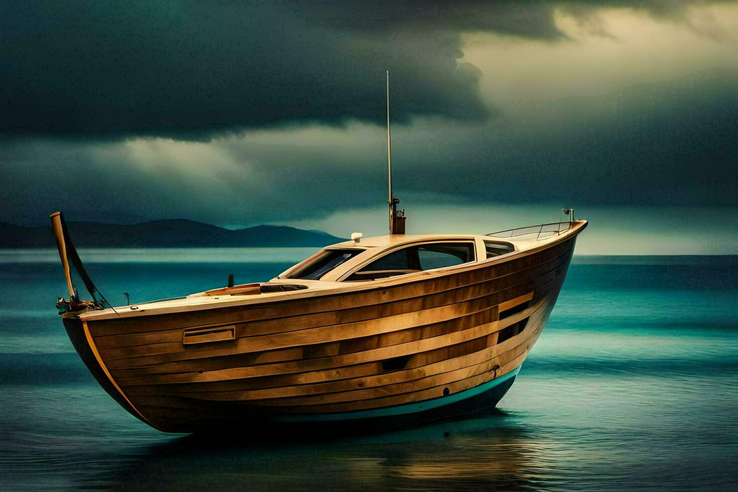 un' di legno barca si siede su il acqua sotto un' tempestoso cielo. ai-generato foto