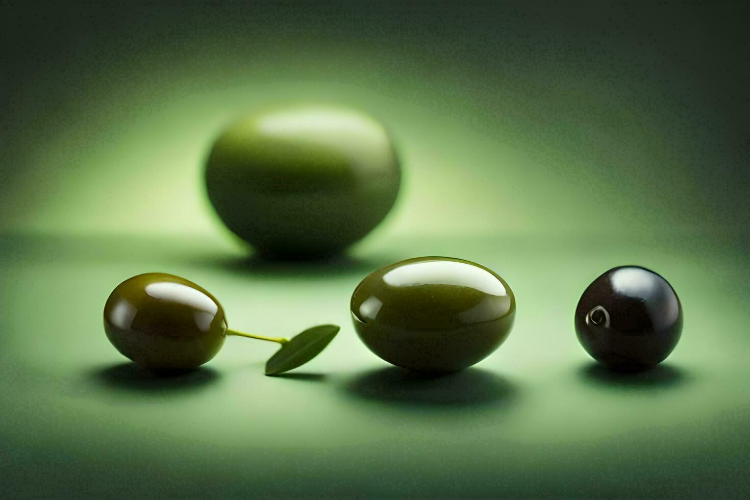 tre verde olive e un Mela su un' verde sfondo. ai-generato foto