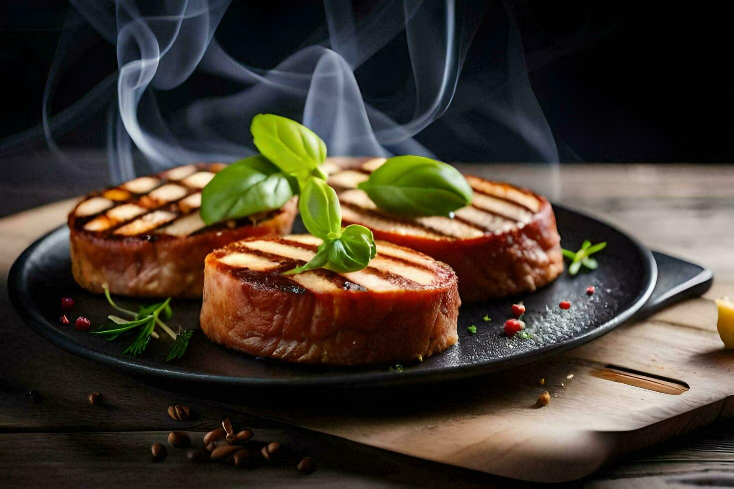 grigliato Maiale braciole su un' nero piatto con Fumo. ai-generato foto