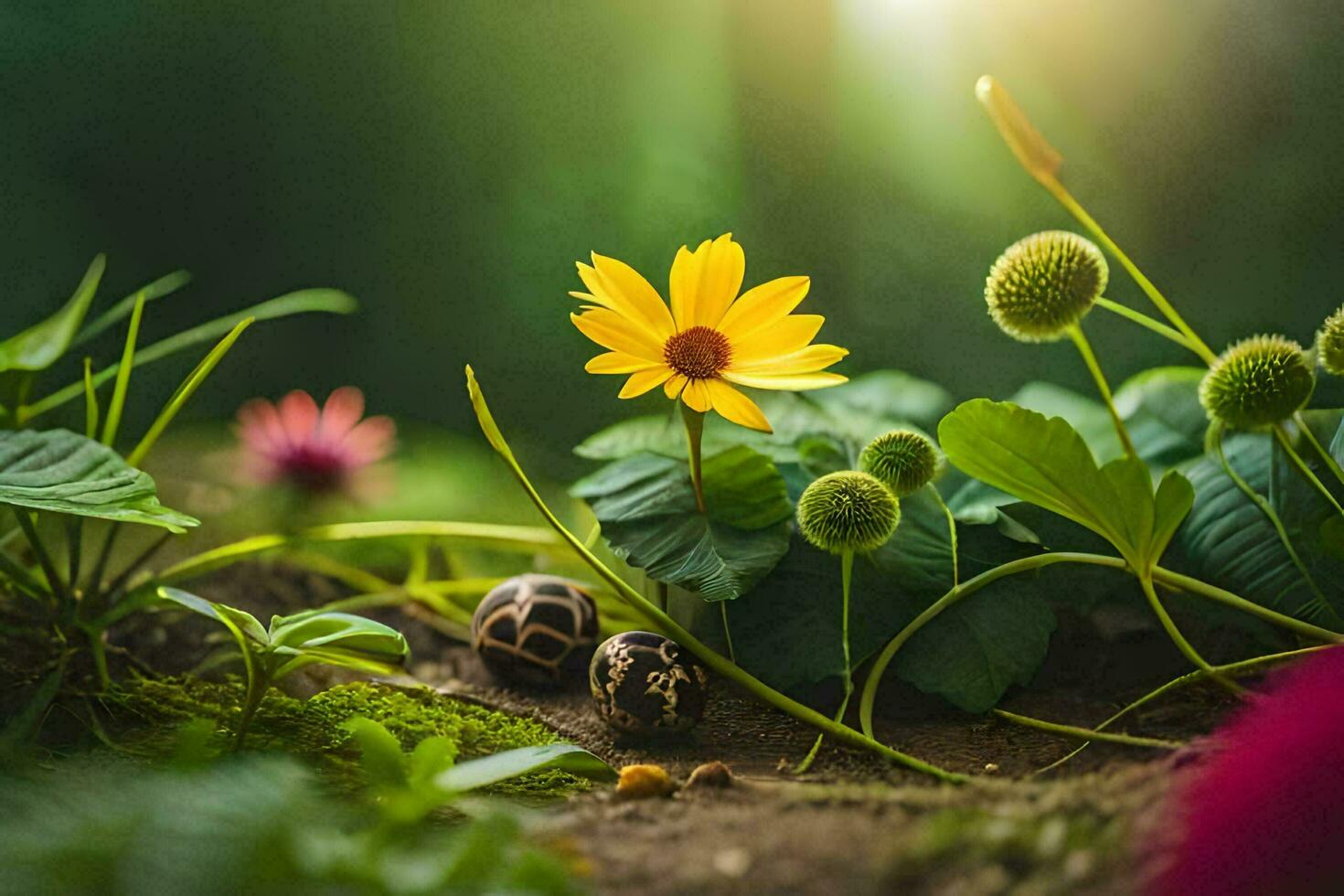 un' piccolo giallo fiore e alcuni piccolo tartarughe nel il foresta. ai-generato foto