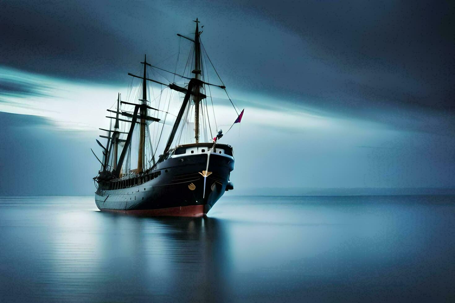 un' andare in barca nave nel il oceano sotto un' tempestoso cielo. ai-generato foto