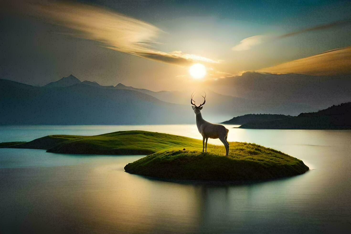 un' cervo sta su un isola nel il mezzo di un' lago. ai-generato foto